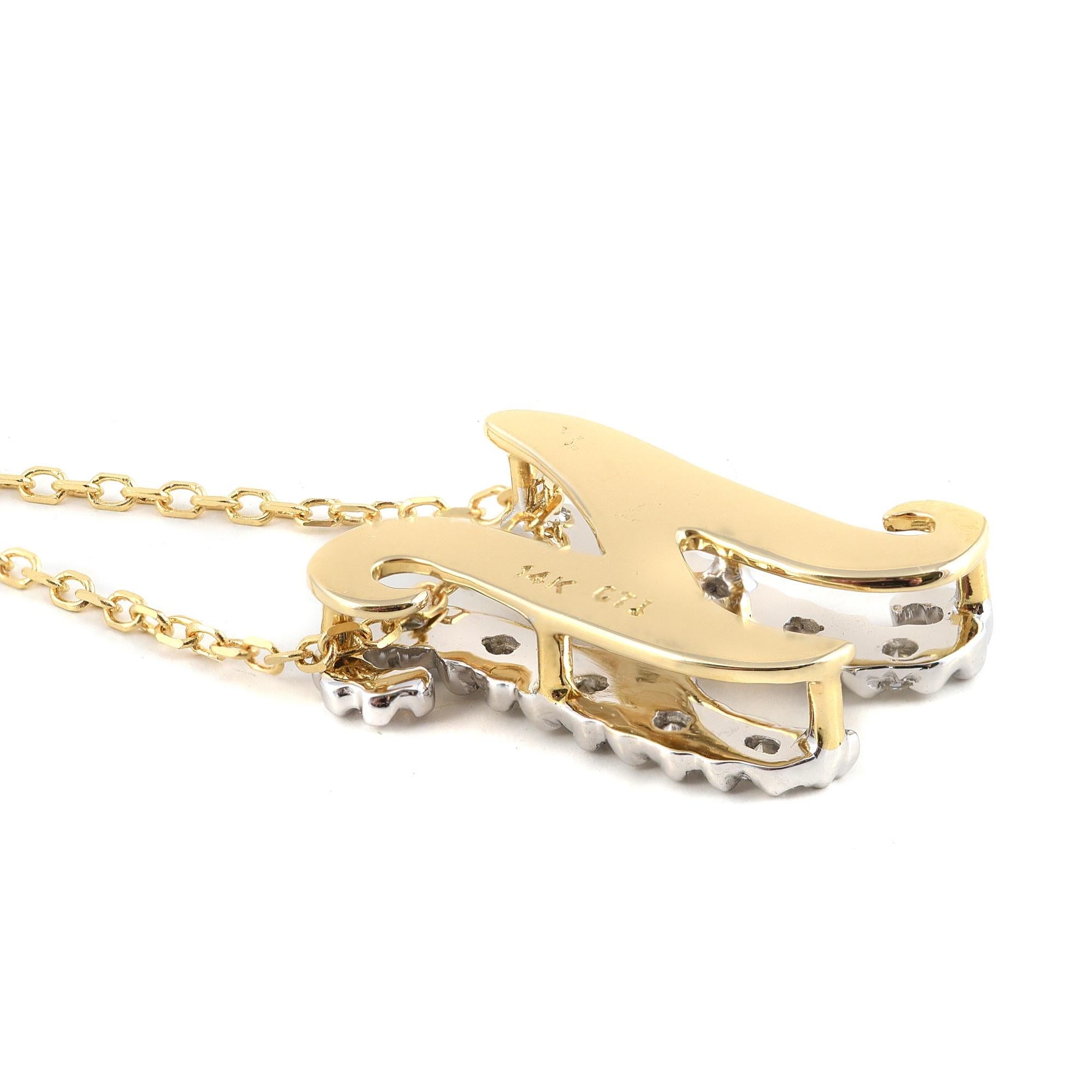 Pendentif « N » initial avec pierres de diamant 0,13 carat en or blanc et jaune 14 carats Neuf - En vente à Los Angeles, CA