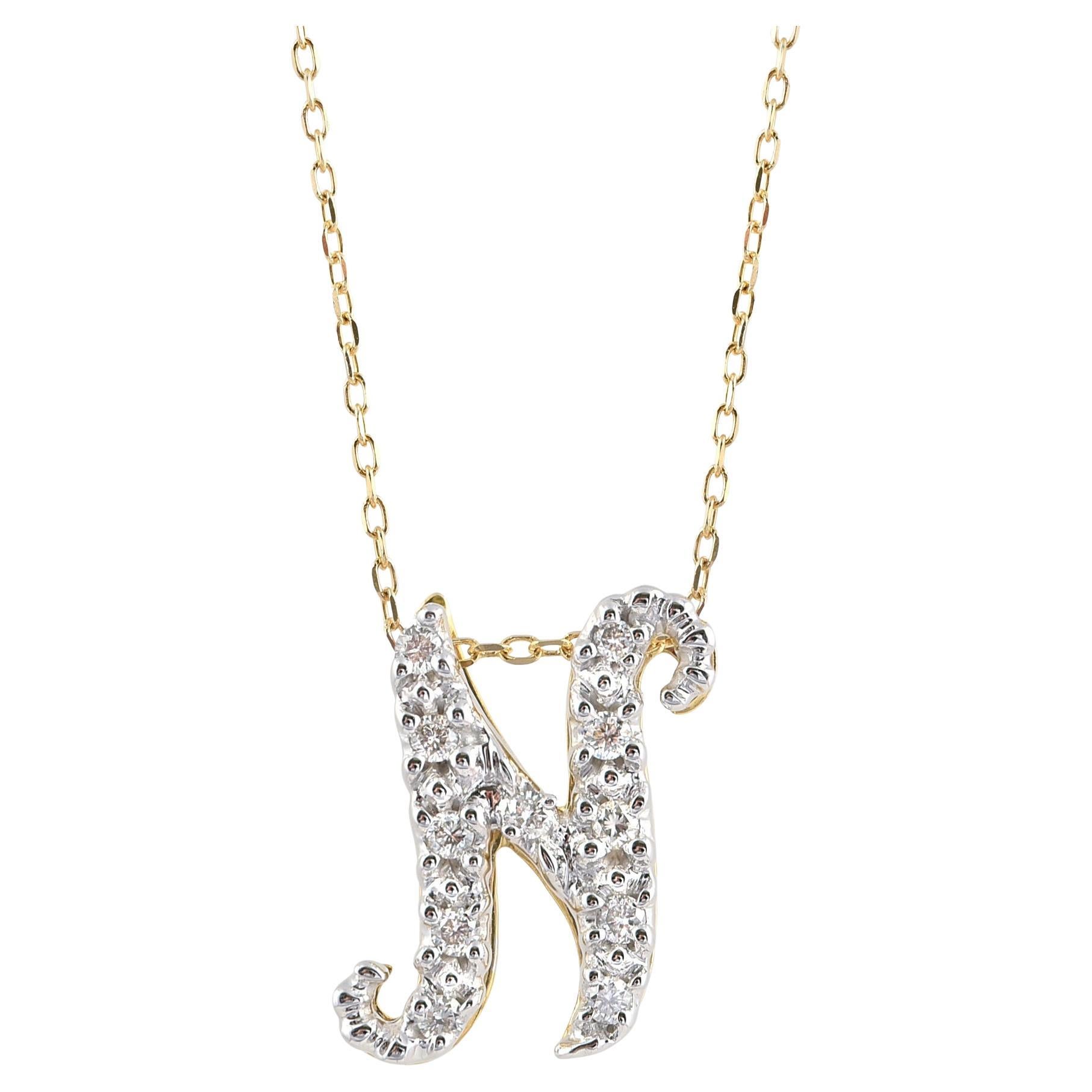 Pendentif « N » initial avec pierres de diamant 0,13 carat en or blanc et jaune 14 carats