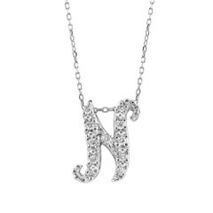 Initial "N" Pendant with Diamond Stones 0.13 carats in 14K White Gold, 18" Chain
