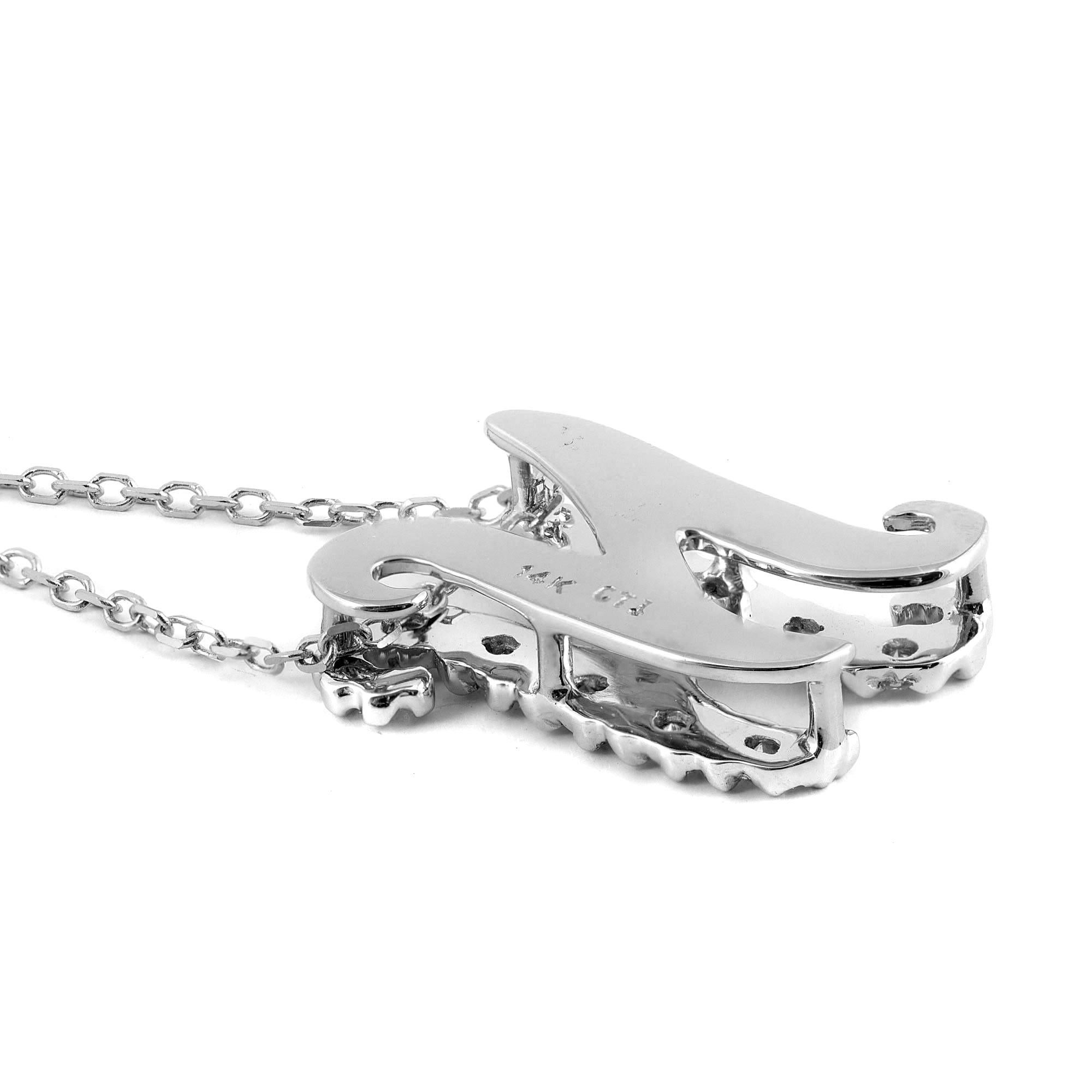 Pendentif « N » initial avec pierres de diamant 0,13 carat en or blanc 14 carats, chaîne de 18 pouces Neuf - En vente à Los Angeles, CA