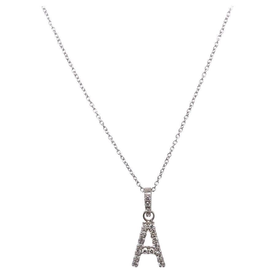 Initial Pendant Letter "A" Set with 0.16ct Diamond on Chain in 9ct White Gold For Sale