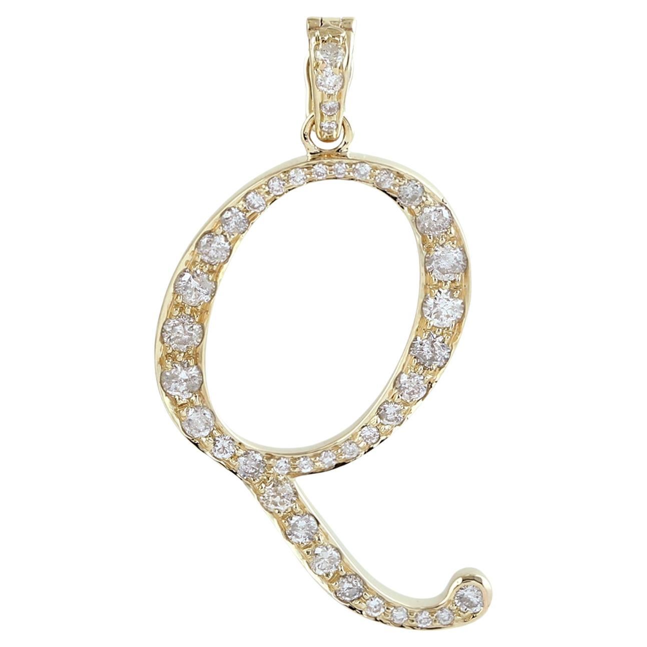 Initial Q Letter Alphabet Pendant With Diamonds Made In 14k Yellow Gold For Sale