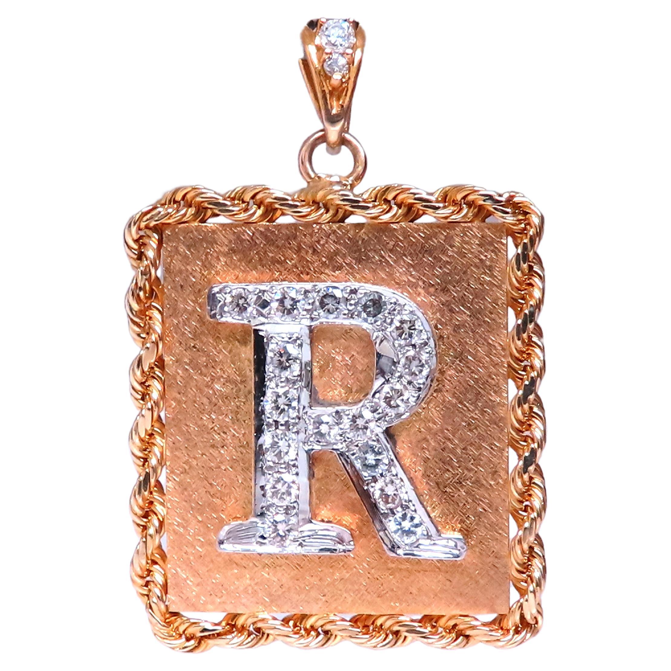 Pendentif original R Diamond Vintage Rope Twist Sandblast plaqué or 14 carats 12370 en vente