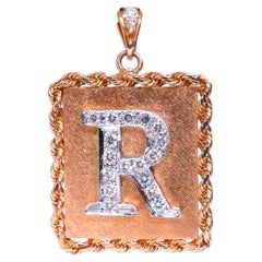 Initial R Diamant Vintage Seil Twist Sandblast Platin Anhänger 14kt Gold 12370