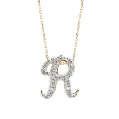 Initial "R" Pendant with Diamond Stones 0.13 carats in 14K White and Yellow Gold