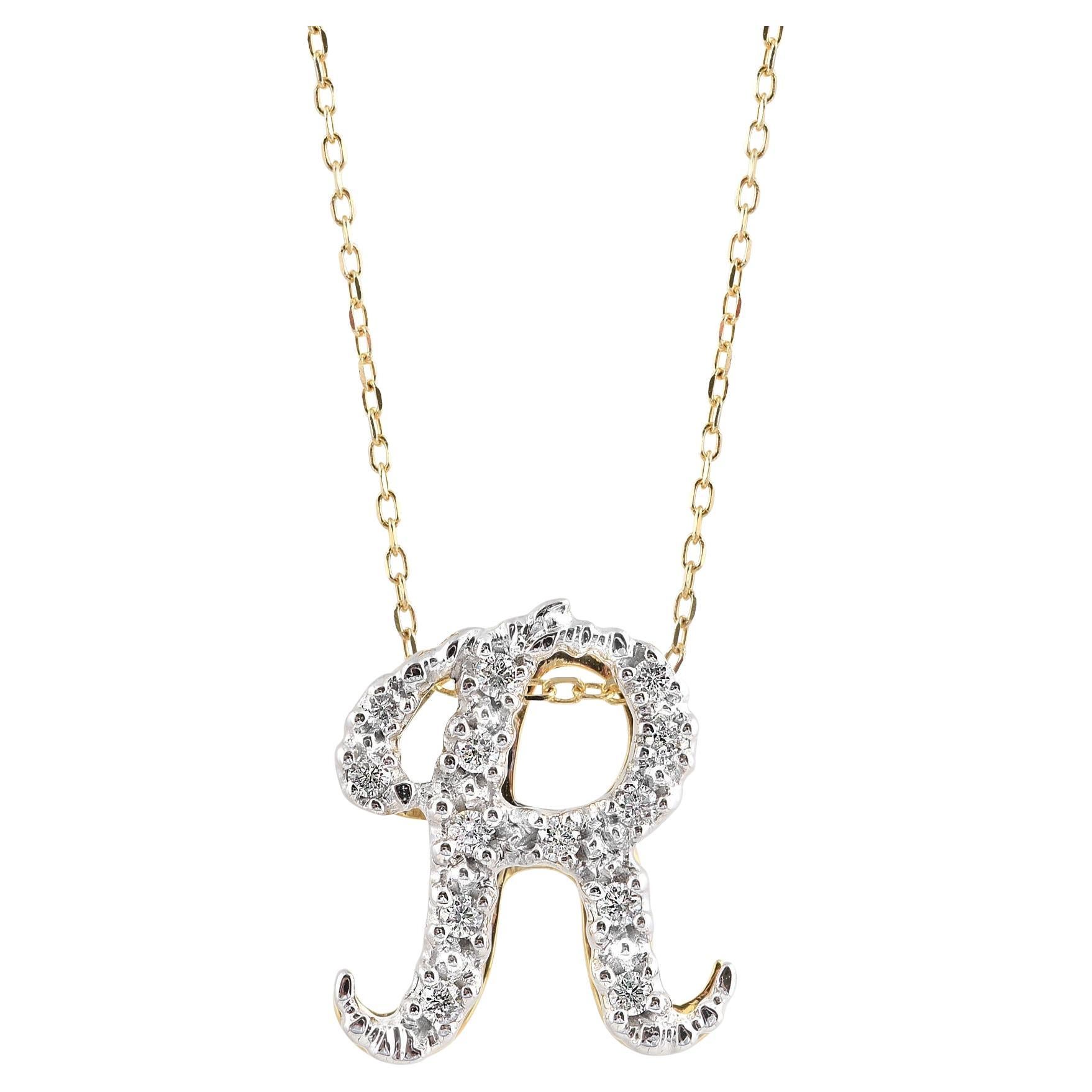 Pendentif « R » initial avec pierres de diamant 0,13 carat en or blanc et jaune 14 carats