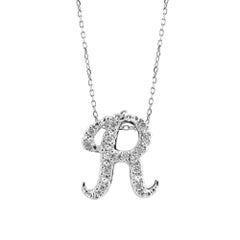 Initial "R" Pendant with Diamond Stones 0.13 carats in 14K White Gold, 18" Chain