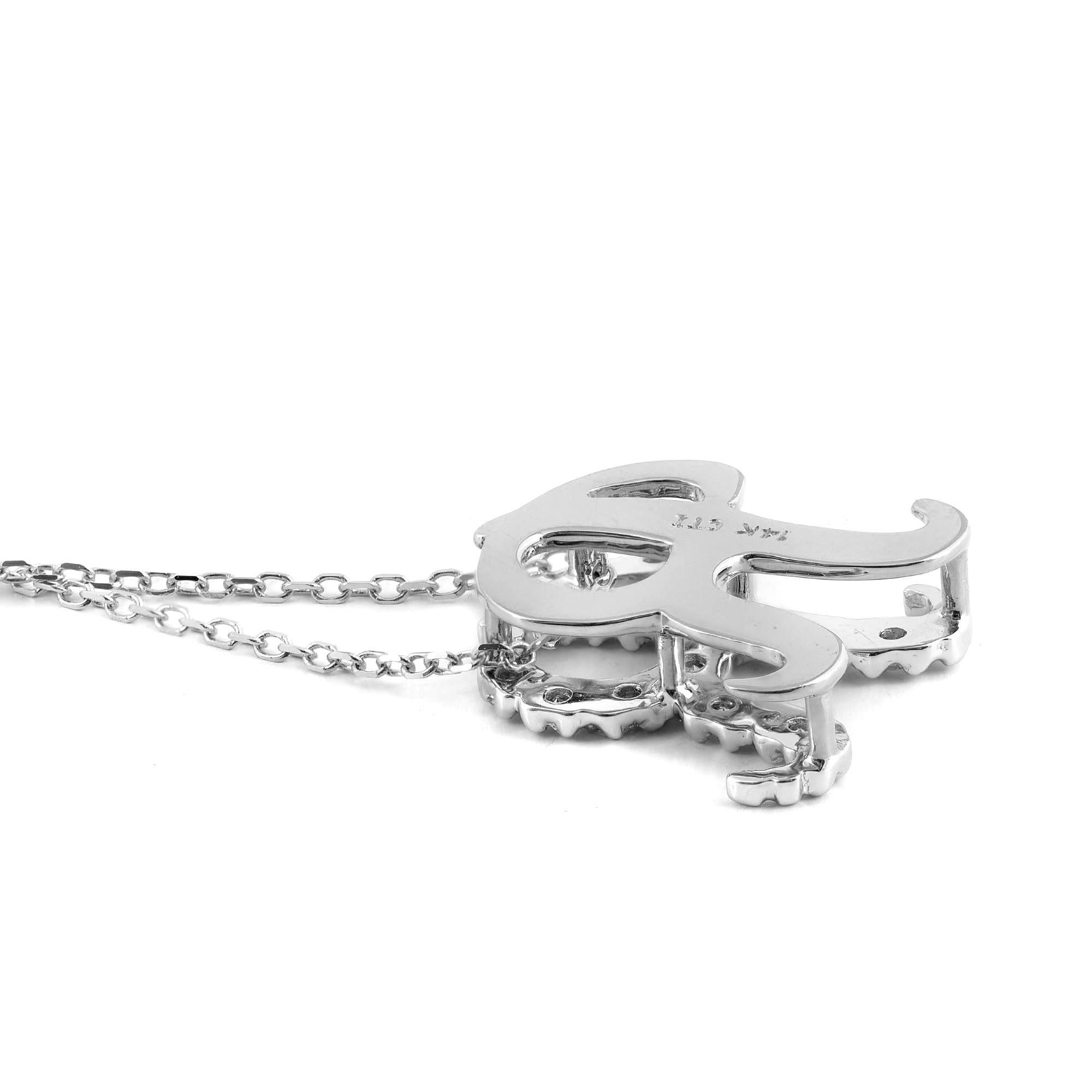 Pendentif « R » initial avec pierres de diamant 0,13 carat en or blanc 14 carats, chaîne de 18 pouces Neuf - En vente à Los Angeles, CA