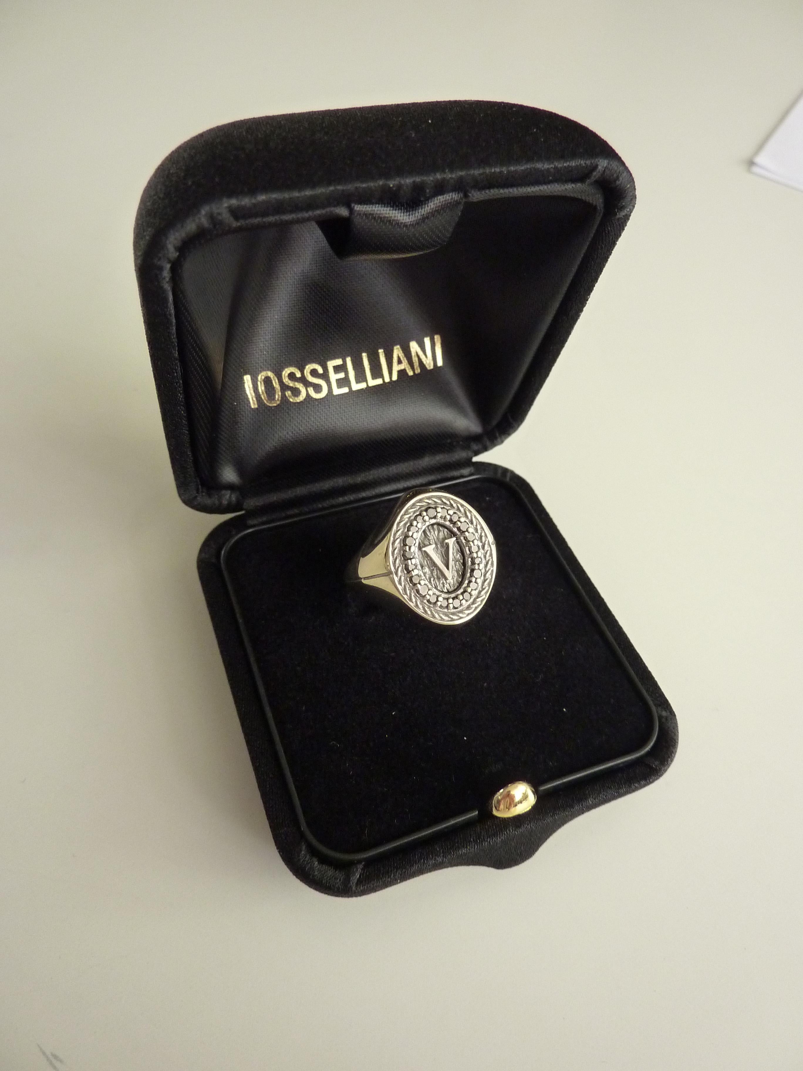 Round Cut Initial Signet Ring in Silver with Black Diamond Pavé from IOSSELLIANI
