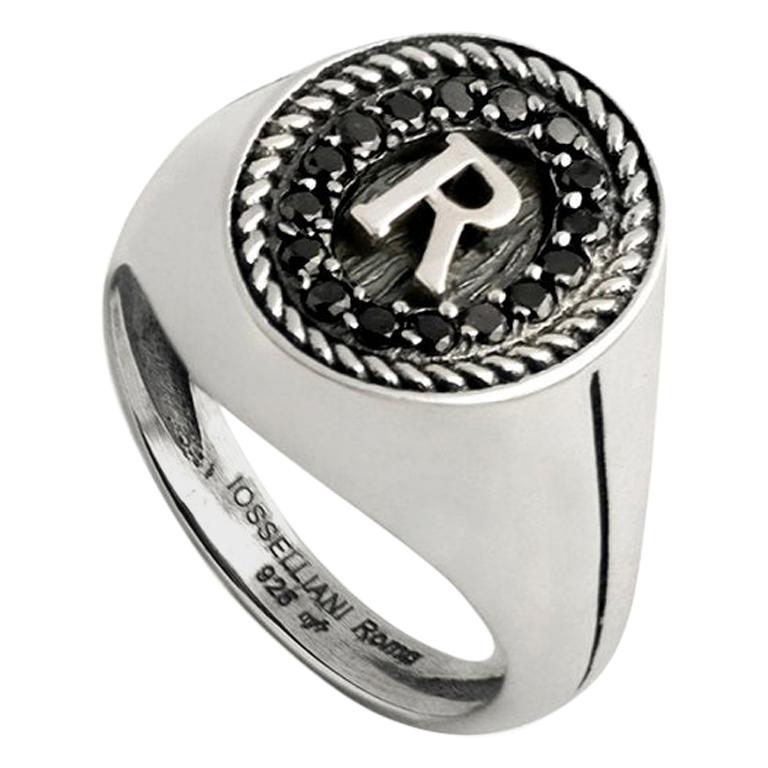 Initial Signet Ring in Silver with Black Diamond Pavé from IOSSELLIANI