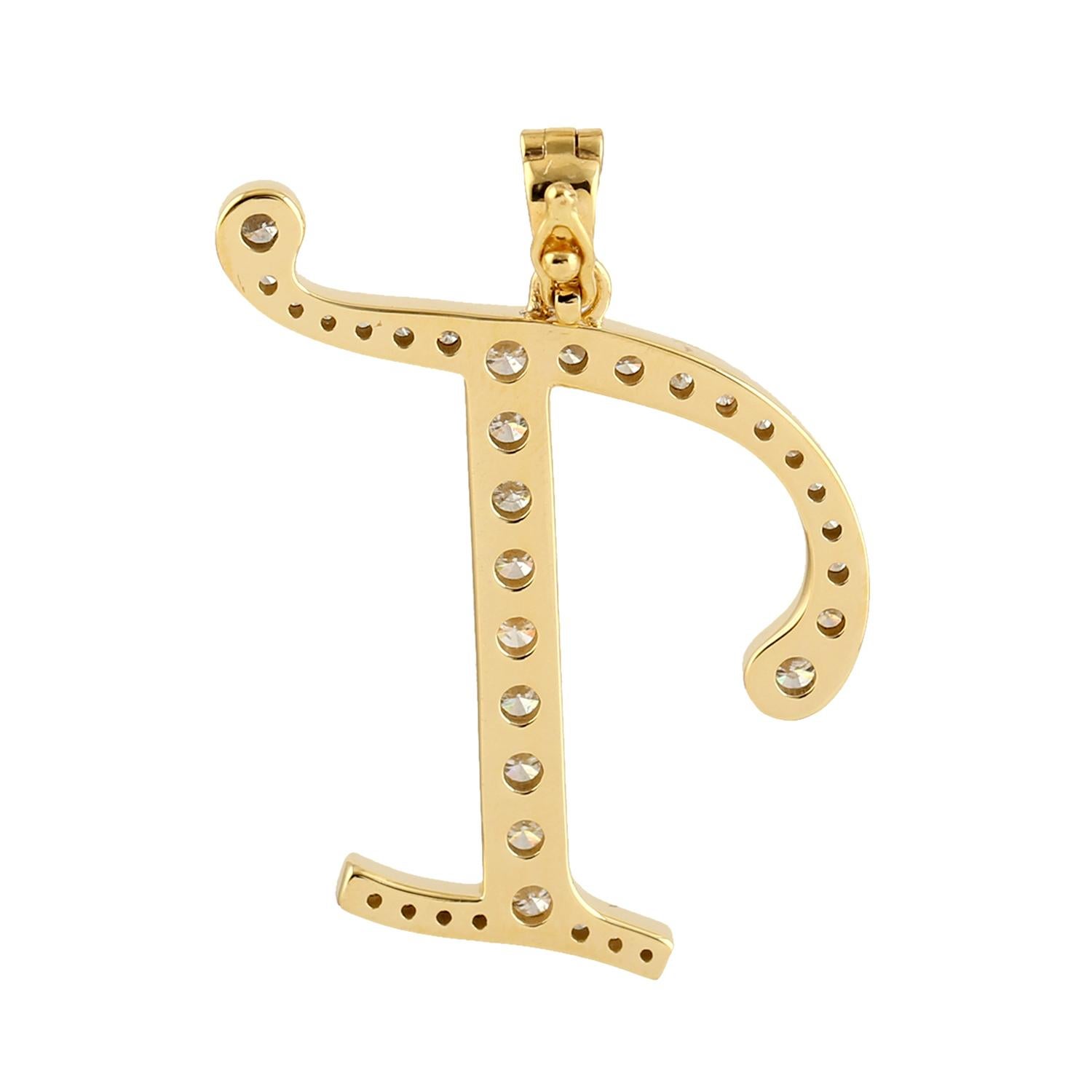 Initial T Buchstabe Alphabet-Anhänger mit Diamanten aus 14 Karat Gelbgold (Gemischter Schliff) im Angebot
