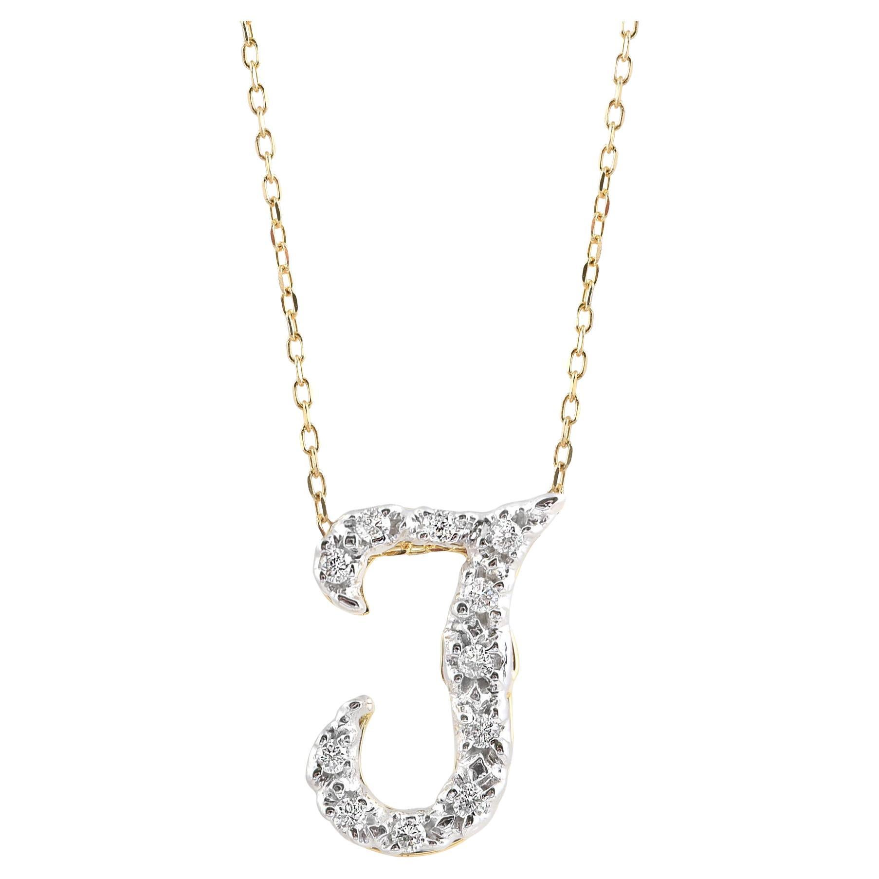 Initial "T" Pendant with Diamond Stones 0.11 carats in 14K White and Yellow Gold