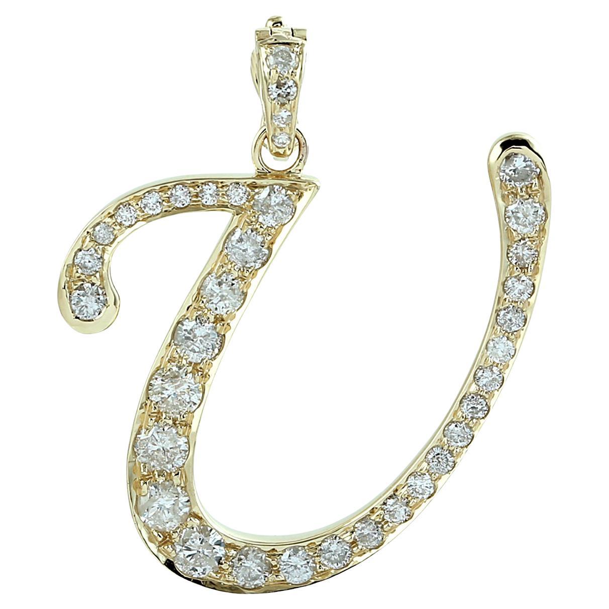 Ciondolo alfabeto con lettera U iniziale e diamanti in oro giallo 14k