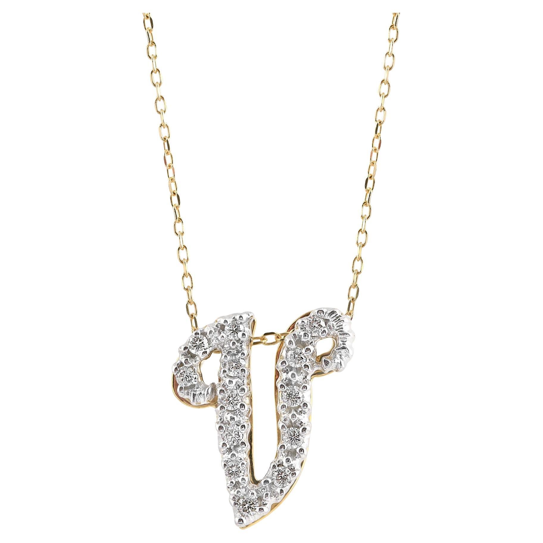 Pendentif « V » initial avec pierres de diamant 0,13 carat en or blanc et jaune 14 carats