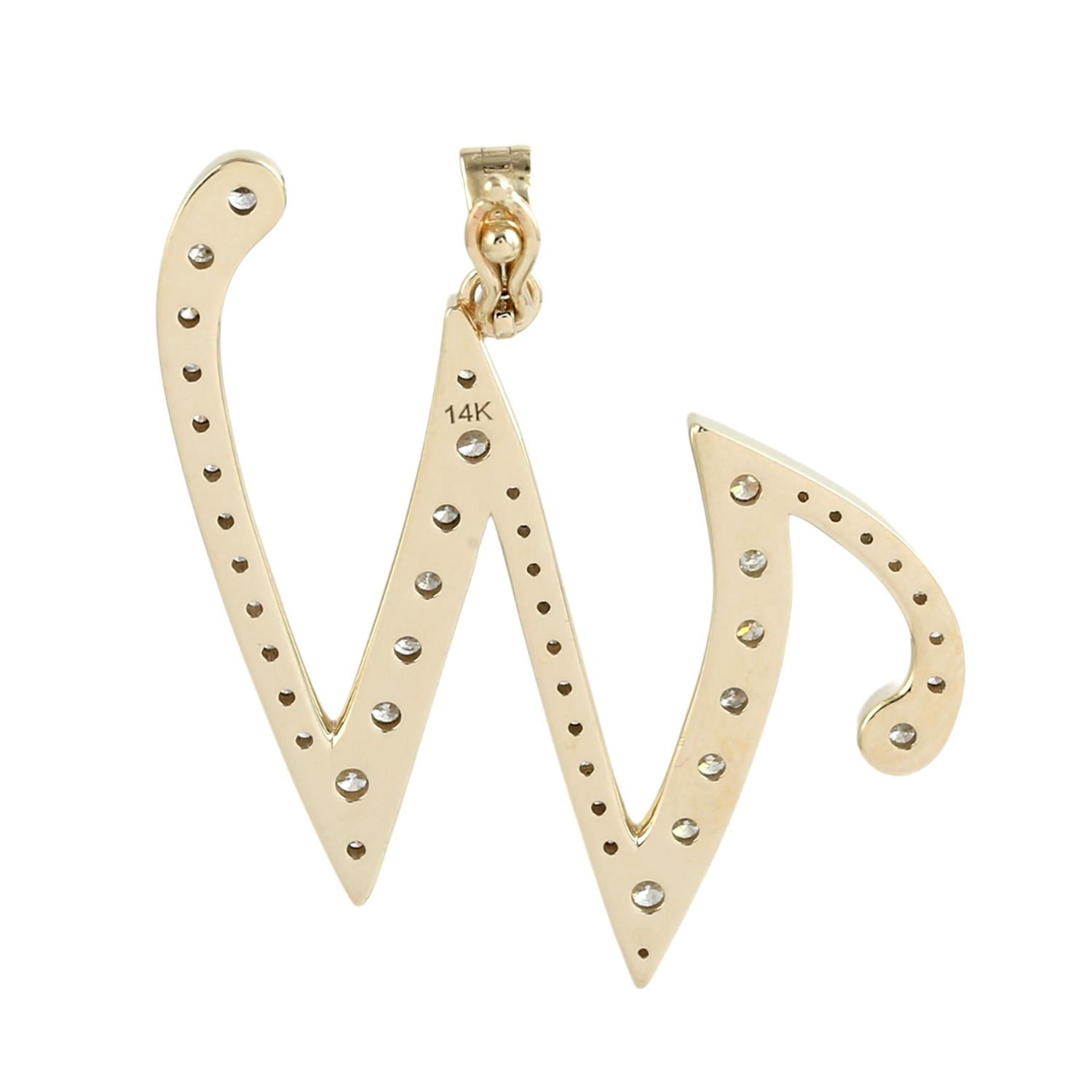 Art déco Pendentif Alphabet lettre W initiale avec diamants en or jaune 14k en vente