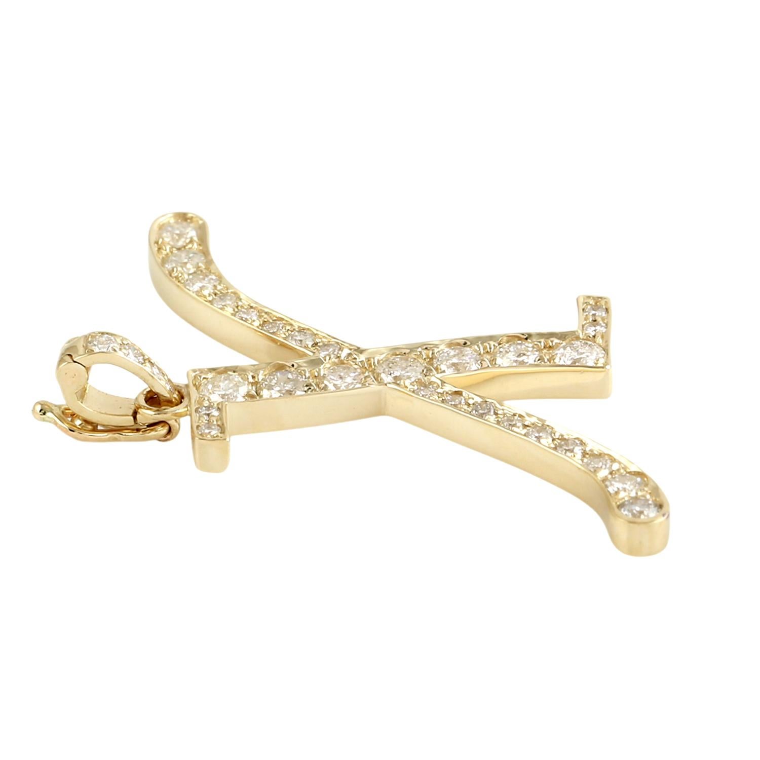 Taille mixte Pendentif Alphabet lettre X initiale avec diamants en or jaune 14k en vente