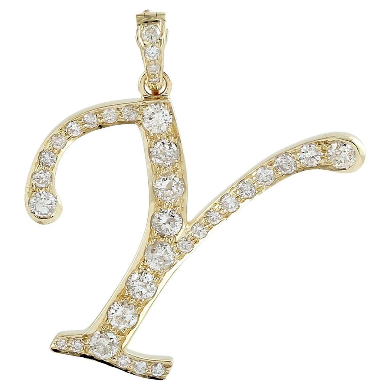 Pendentif Alphabet lettre Y initiale avec diamants en or jaune 14k en vente