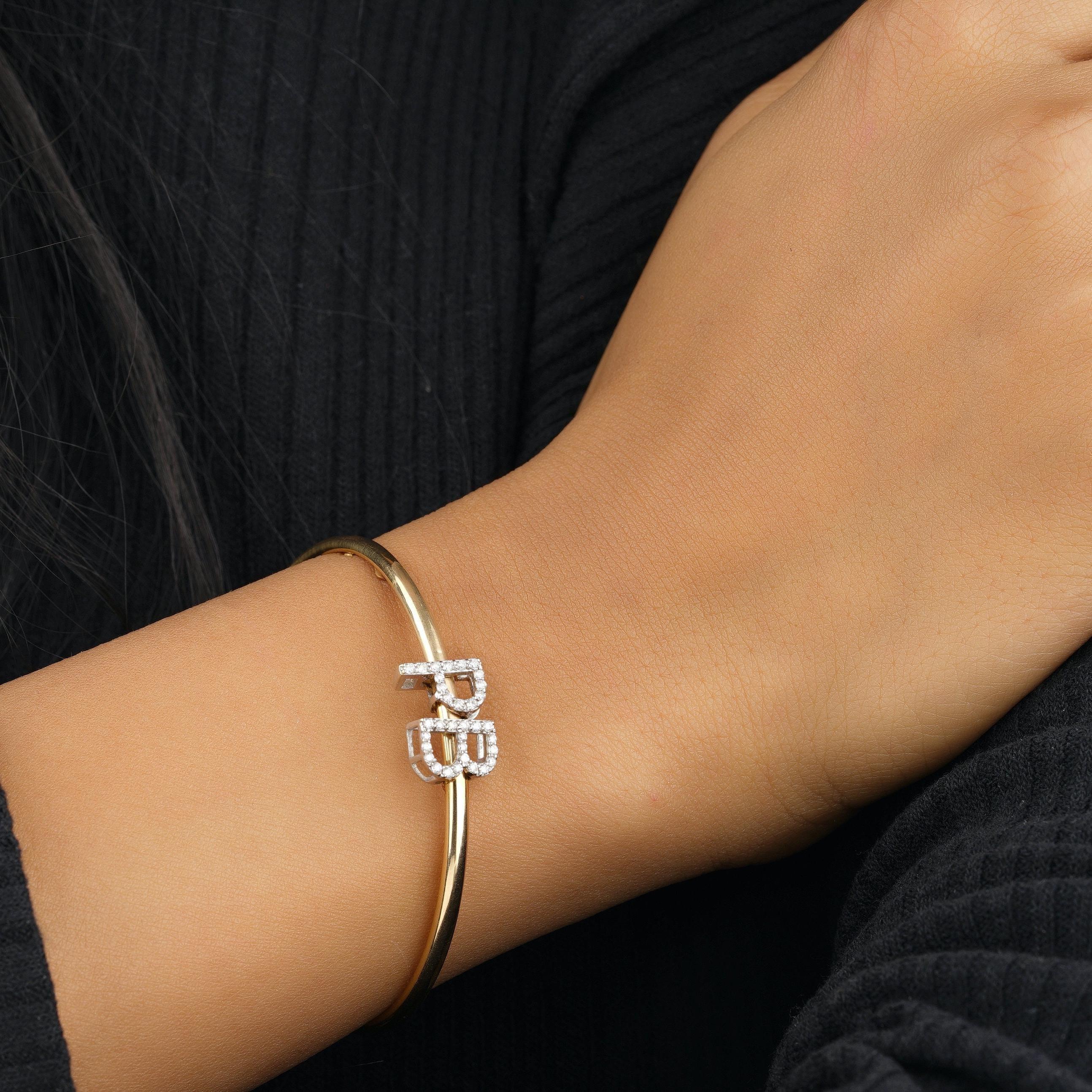 Art déco Bracelet manchette ouvert Initials Diamond en or massif 14K (certifié) en vente