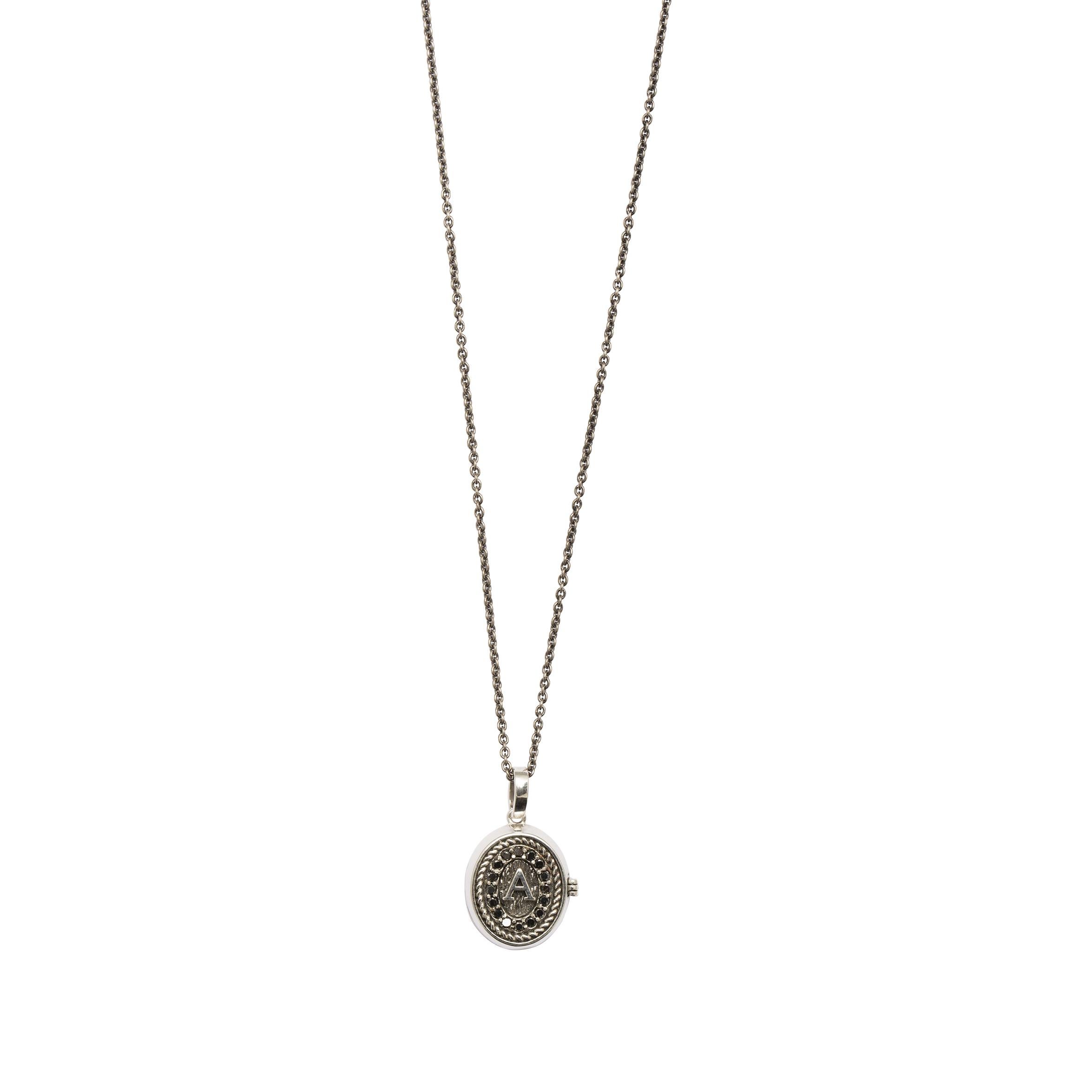 Round Cut Initials Locket Pendant Signet in Silver and Black Diamond Pavè from IOSSELLIANI For Sale