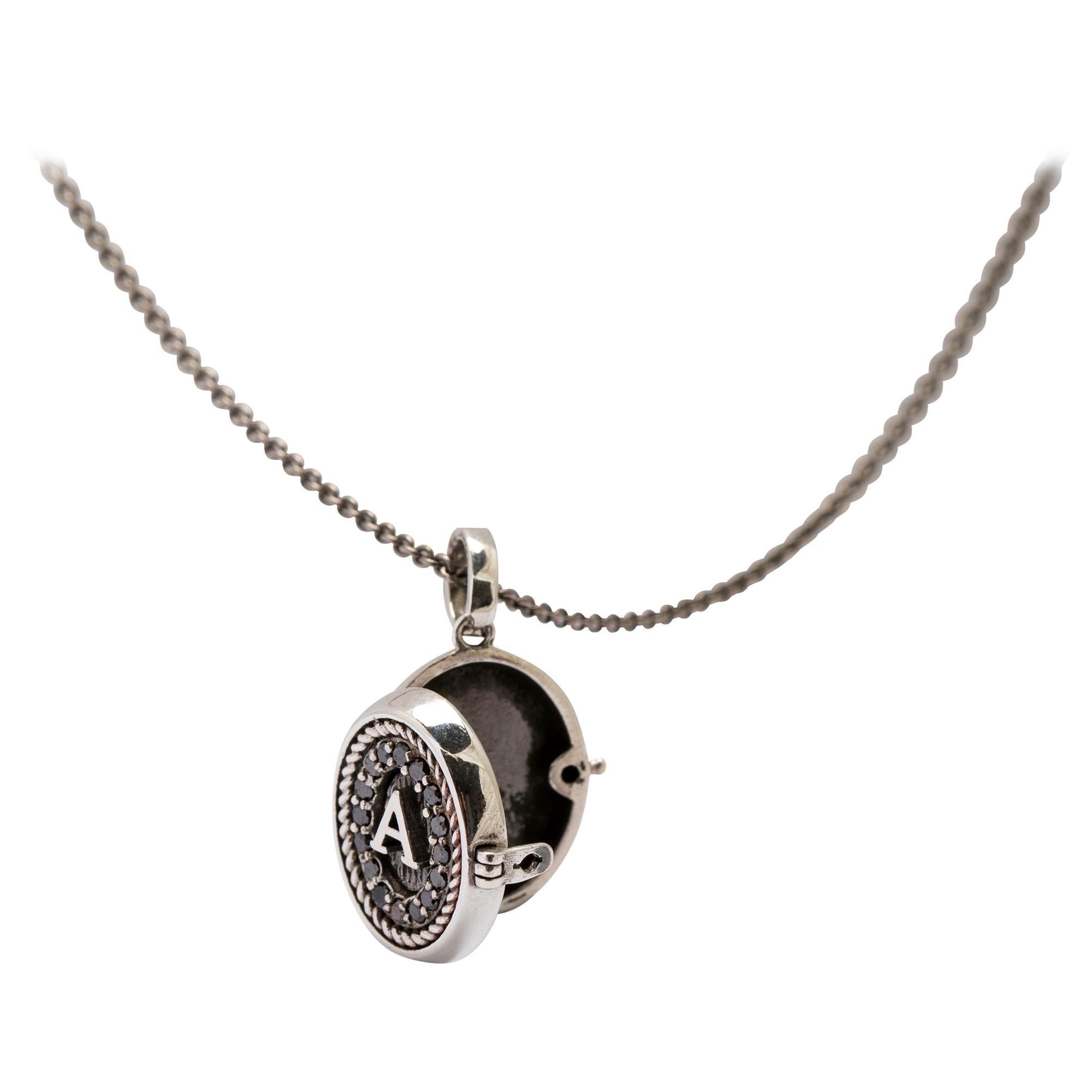 Initials Locket Pendant Signet in Silver and Black Diamond Pavè from IOSSELLIANI For Sale
