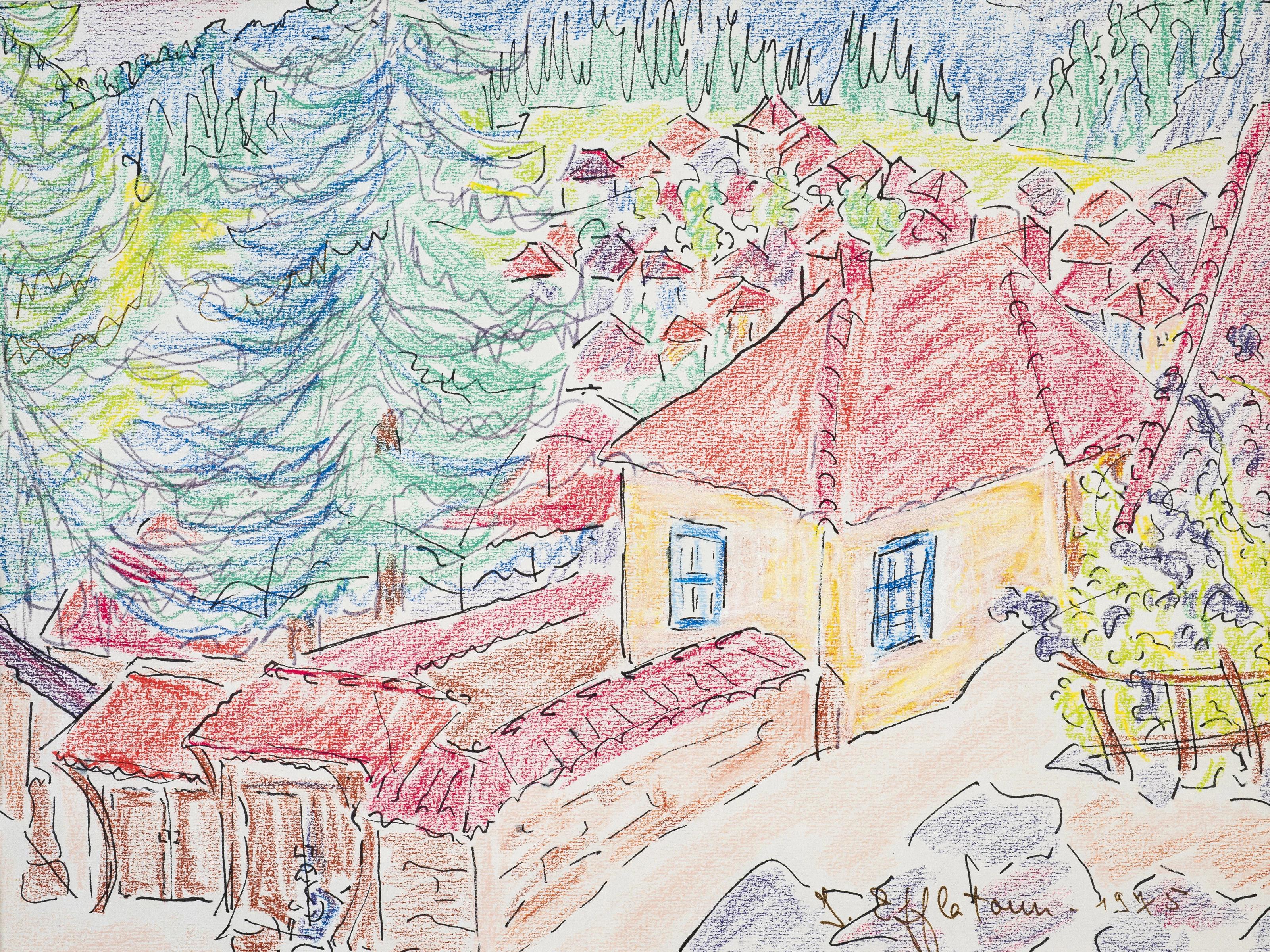 Inji EFFLATOUN Figurative Painting – Pastellfarbenes Gemälde „Alpine Village I“ auf Papier, 10" x 12" von Inji Efflatoun