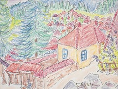 Vintage "Alpine Village I" Pastel on Paper Painting 10" x 12" in by Inji Efflatoun