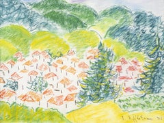 Vintage "Alpine Village II" Pastel Painting 9" x 12" in by Inji Efflatoun