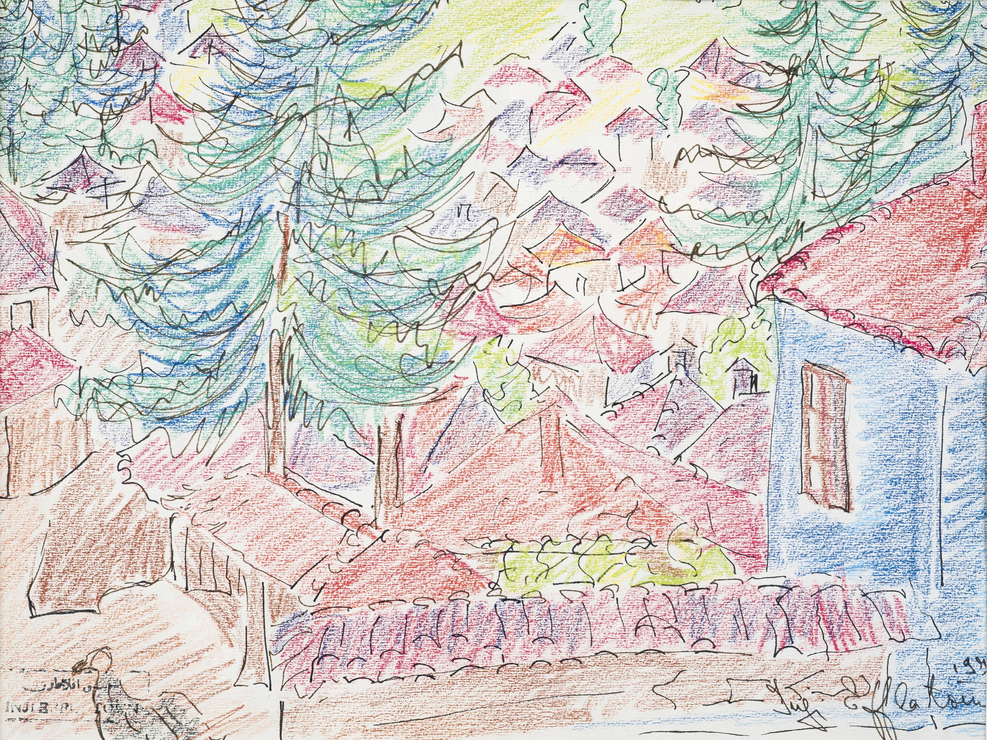 Pastellfarbenes Gemälde „Alpine Village III“ auf Papier, 10" x 12" von Inji Efflatoun