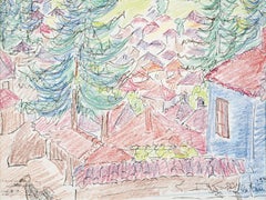 "Alpine Village III" Pastel on Paper Painting 10" x 12" in by Inji Efflatoun