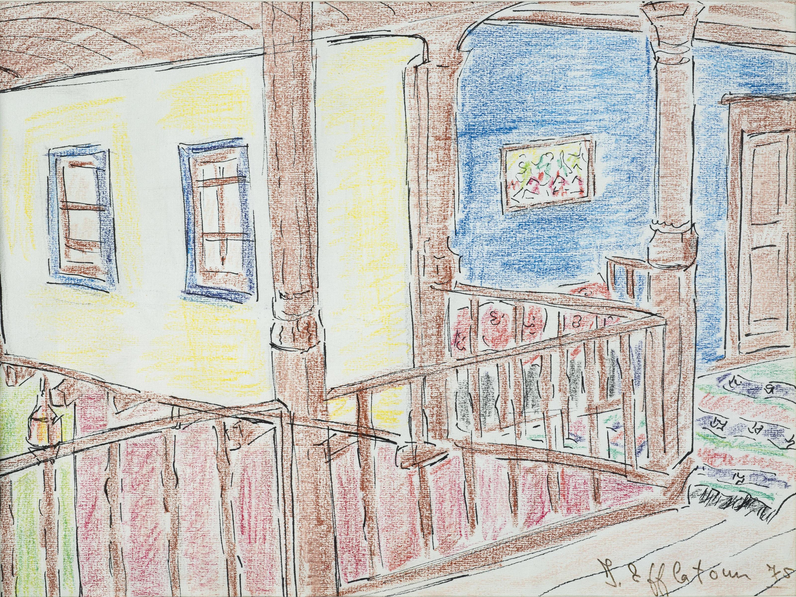 "Kafr Shokr Farmhouse" Pastel Painting 10" x 12" in (1978) by Inji Efflatoun