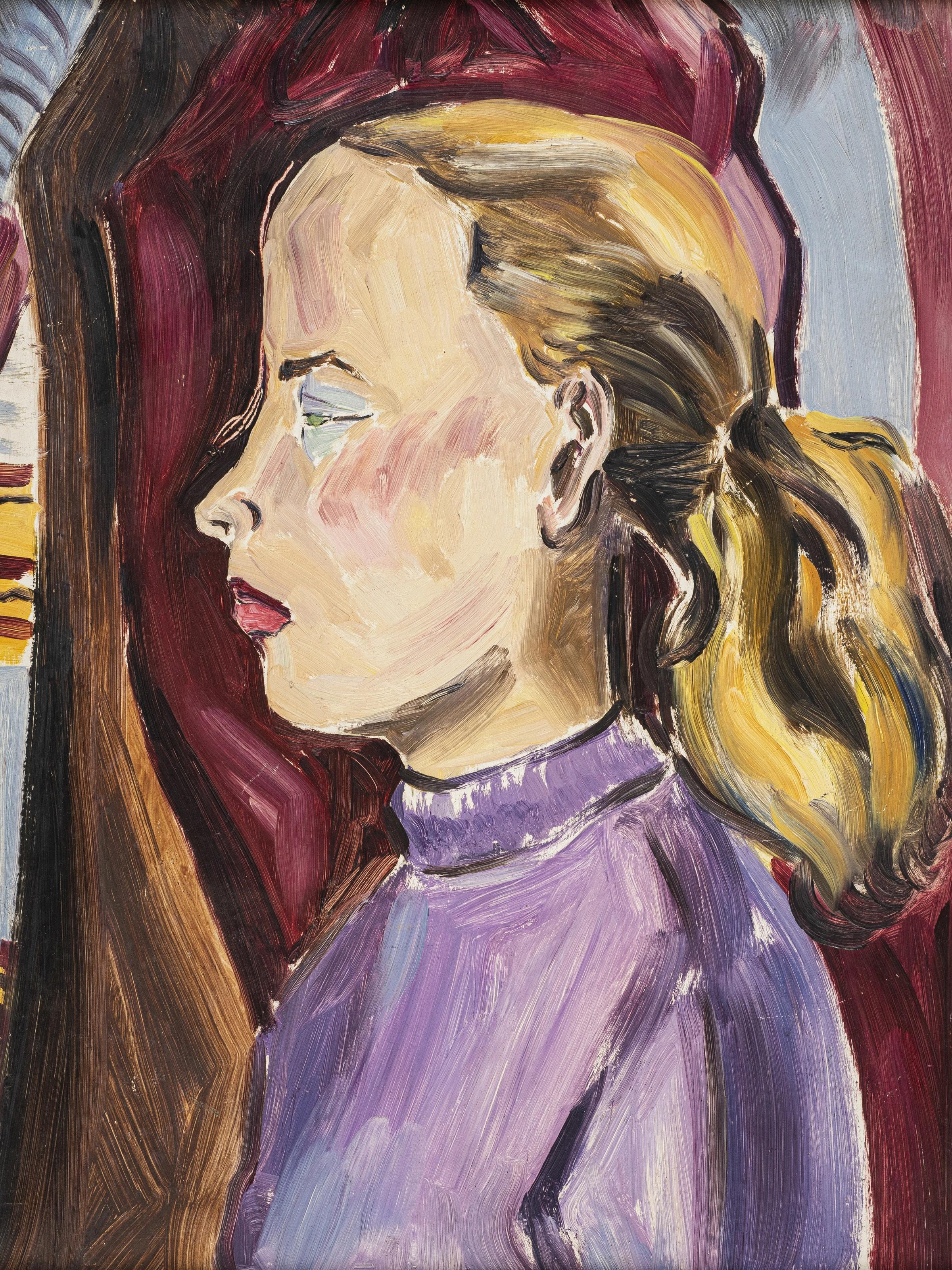 Inji EFFLATOUN Portrait Painting - "Profile of Girl" Oil on Canvas 18" x 16" inch by Inji Efflatoun