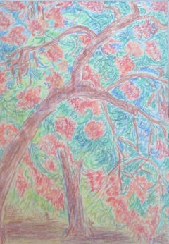 "Red Tree" Pastel Painting 16" x 12" in by Inji Efflatoun