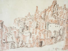 Vintage "Sinai Village" Pastel on Paper 12" x 20" inch by Inji Efflatoun