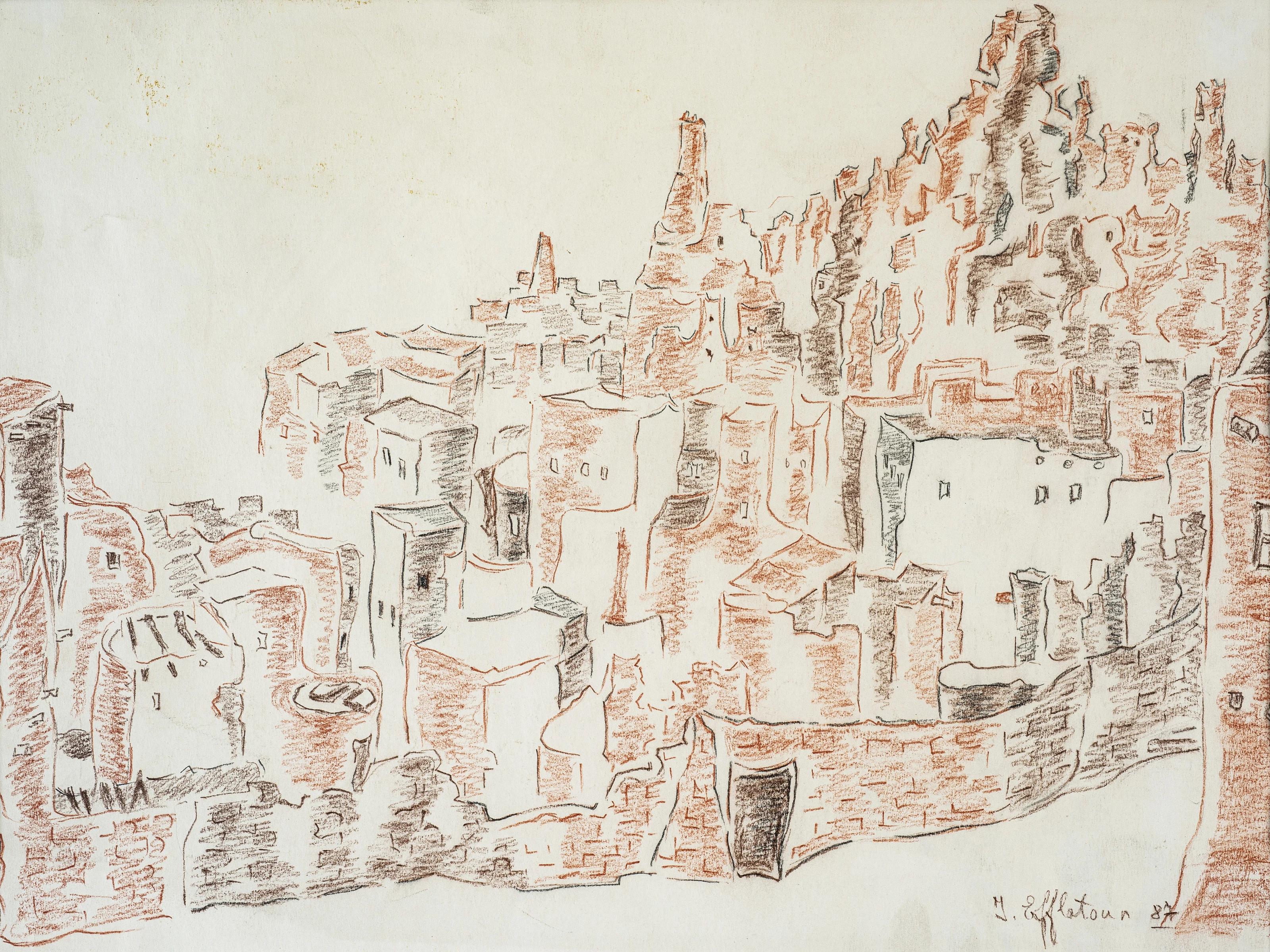 „Villageoise II“ Pastell auf Papier 12" x 20" Zoll (1987) von Inji Efflatoun