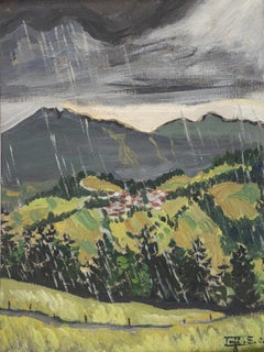 „Swiss Countryside I“ Öl auf Karton 14" x 10" Zoll (1952) von Inji Efflatoun