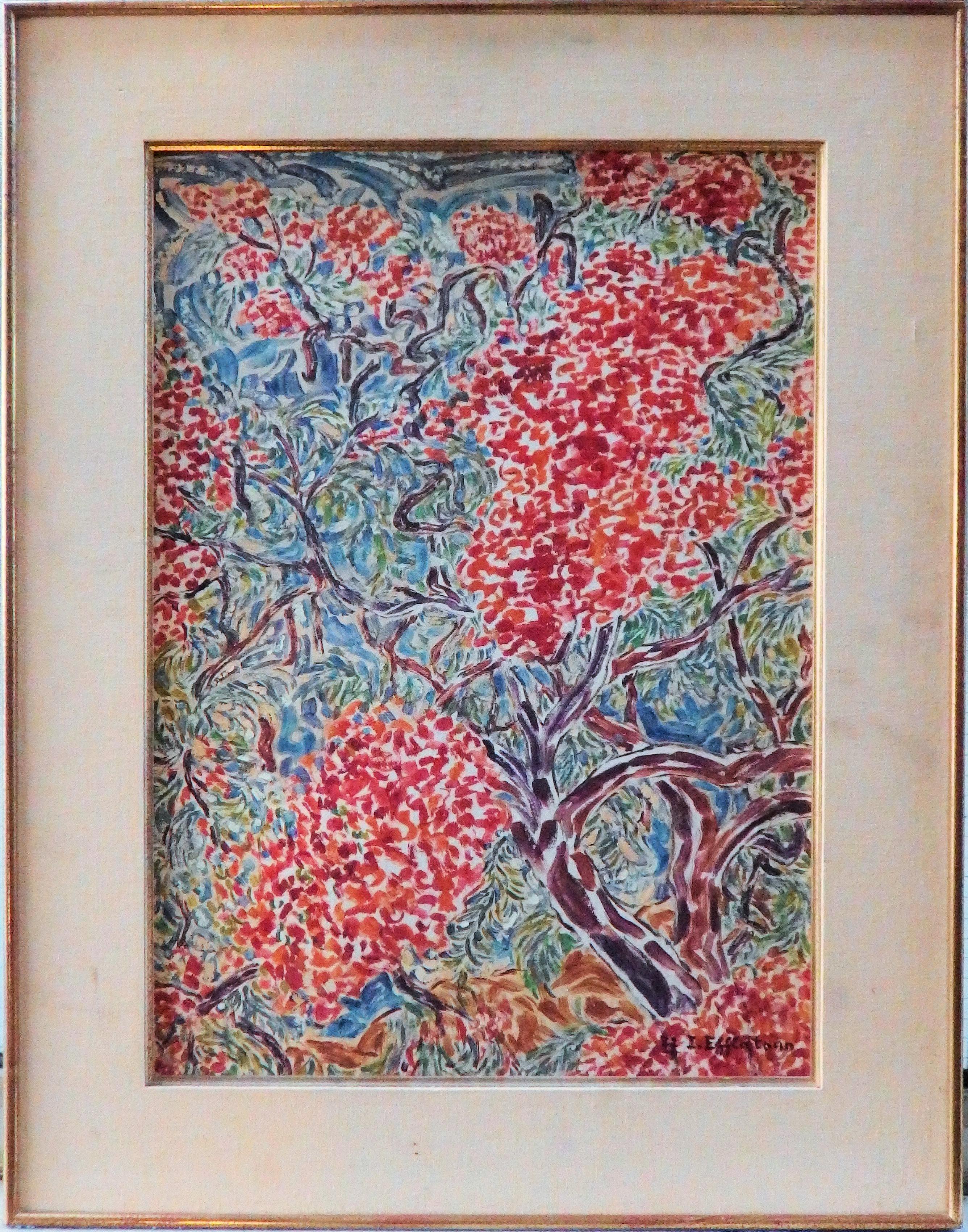 Alberi in fiore in Egitto - Pittura ad olio - Firmata (1972) - Painting Impressionismo di Inji EFFLATOUN
