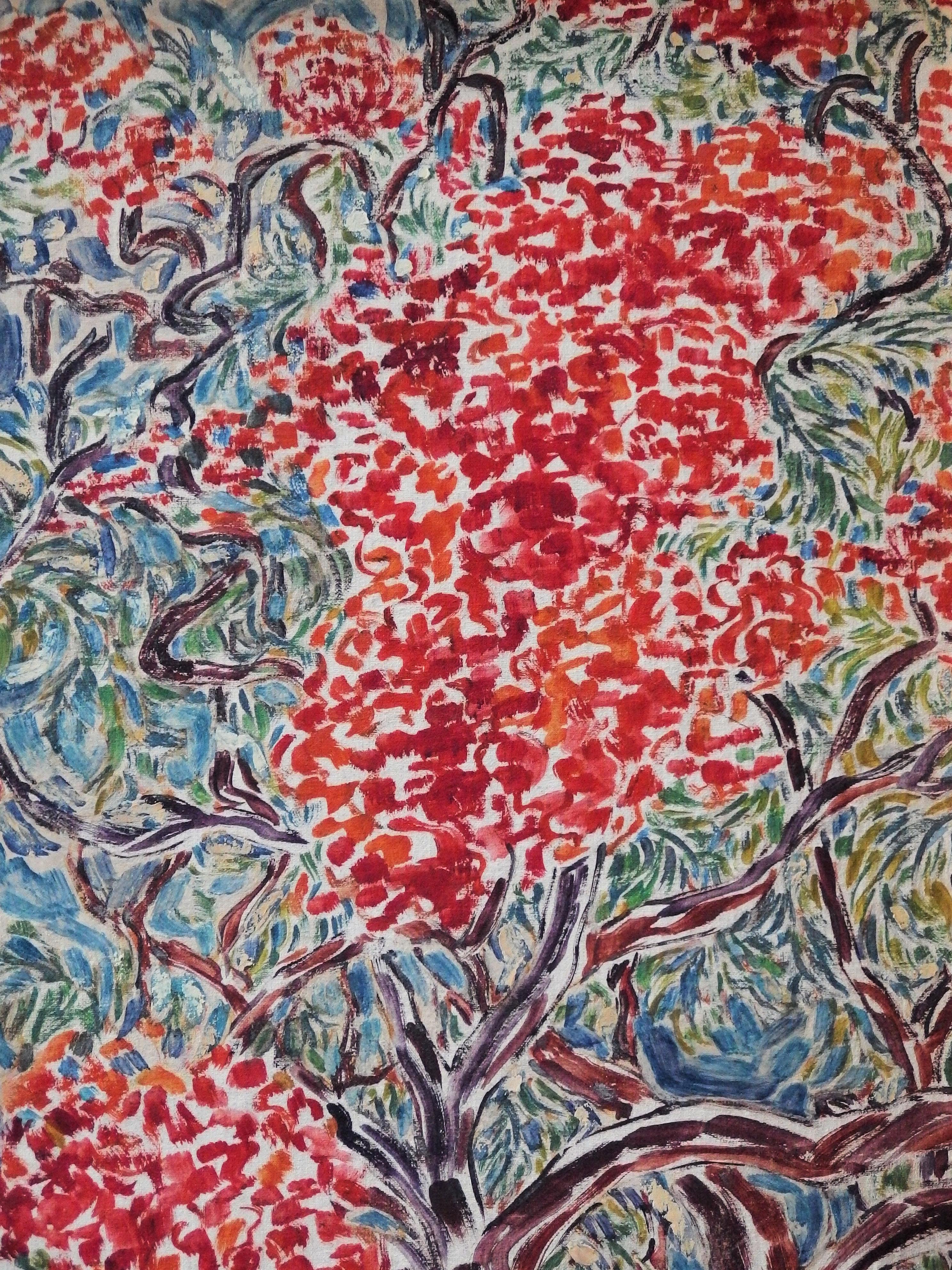 Alberi in fiore in Egitto - Pittura ad olio - Firmata (1972) - Landscape Painting Grigio di Inji EFFLATOUN