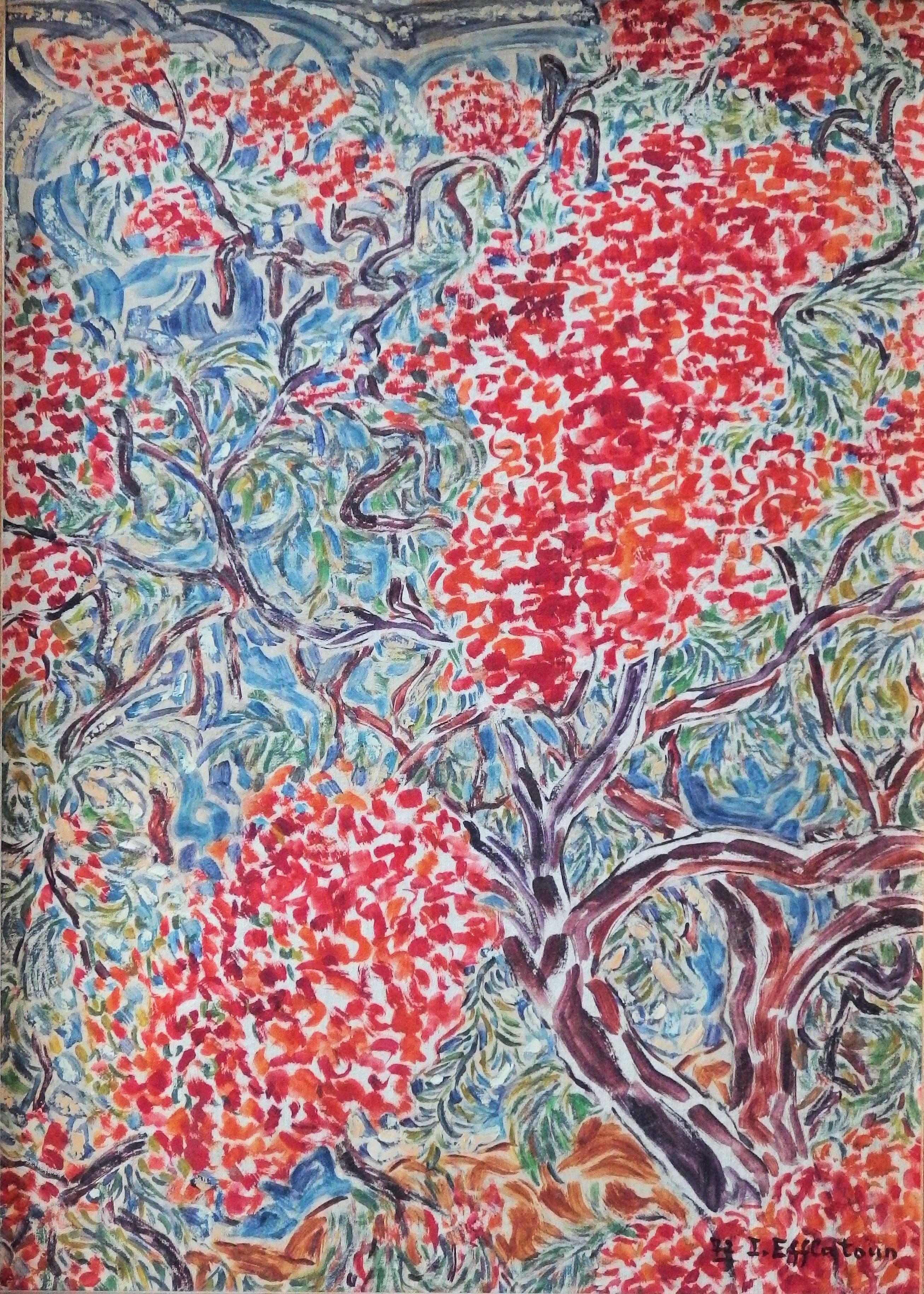 Landscape Painting di Inji EFFLATOUN - Alberi in fiore in Egitto - Pittura ad olio - Firmata (1972)