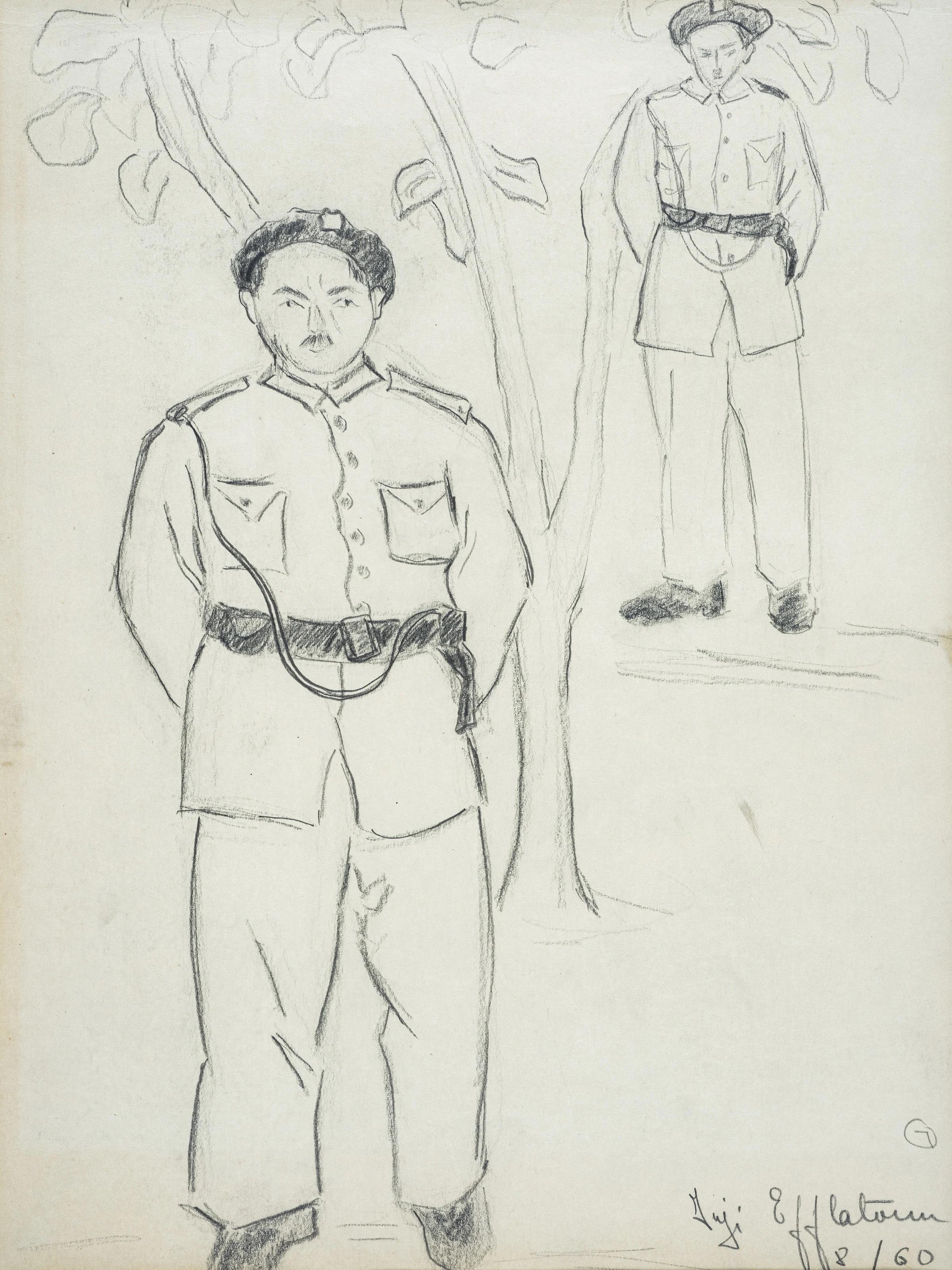 Inji EFFLATOUN Portrait - "Standing Officers II" Inks on Paper Painting 14" x 10" in by Inji Efflatoun