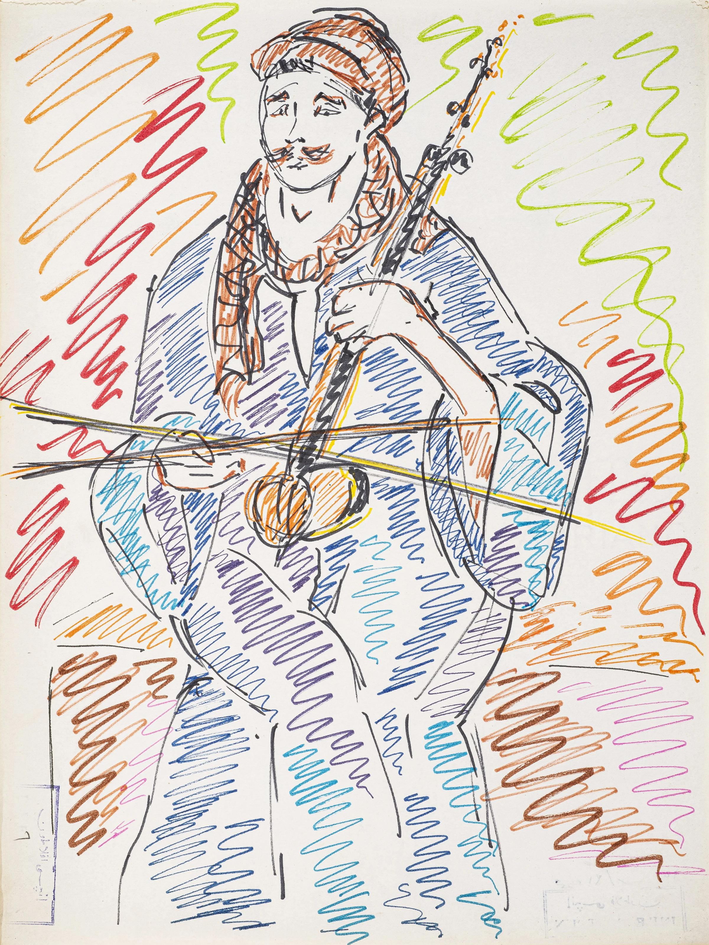 "Upper Egypt Musician" Colored Pencils drawing 13" x 9" in by Inji Efflatoun