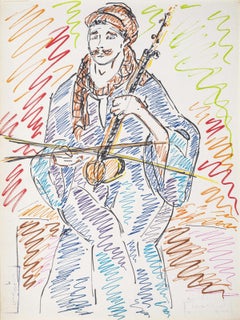 Vintage "Upper Egypt Musician" Coloured Pencils drawing 13" x 9" in by Inji Efflatoun