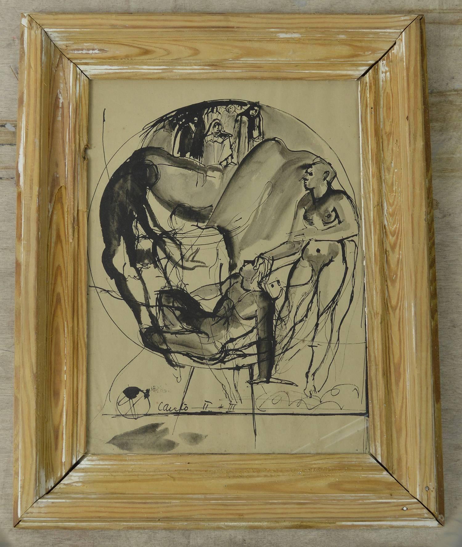 Amazing ink and wash by Peter William Ibbetson. Titled Canto II + III. I believe this relates to one of Dante's works.

Unsigned. On paper.

Presented in a distressed antique pine frame.

P.W. Ibbetson 1908-1975 well documented is best known