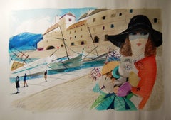 Inchiostro e acquerello firmato Charles LEVIER (1920-2003) Giovane donna al porto