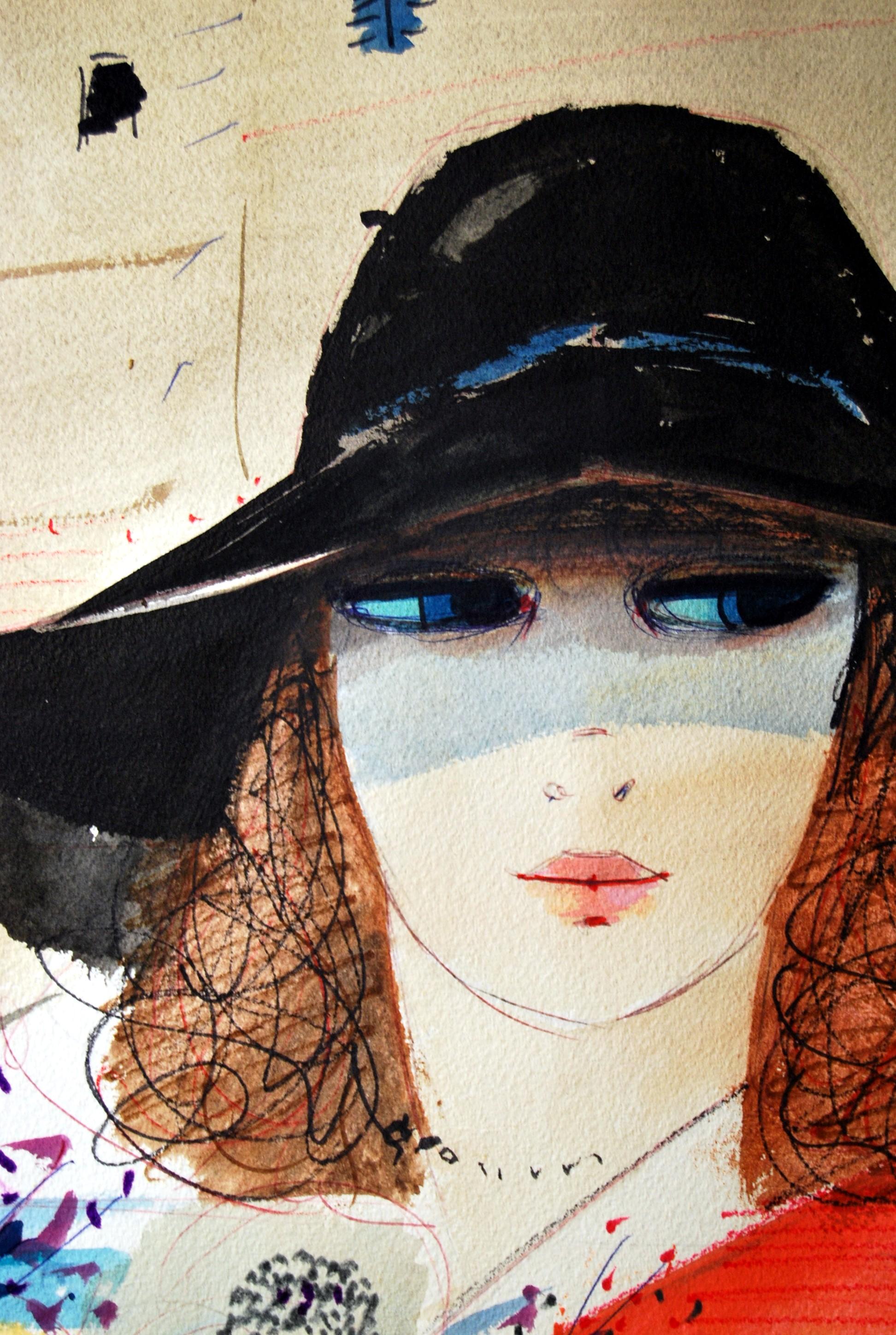 Hand-Painted Ink and Watercolor Signed Charles Levier Young Woman in Port For Sale