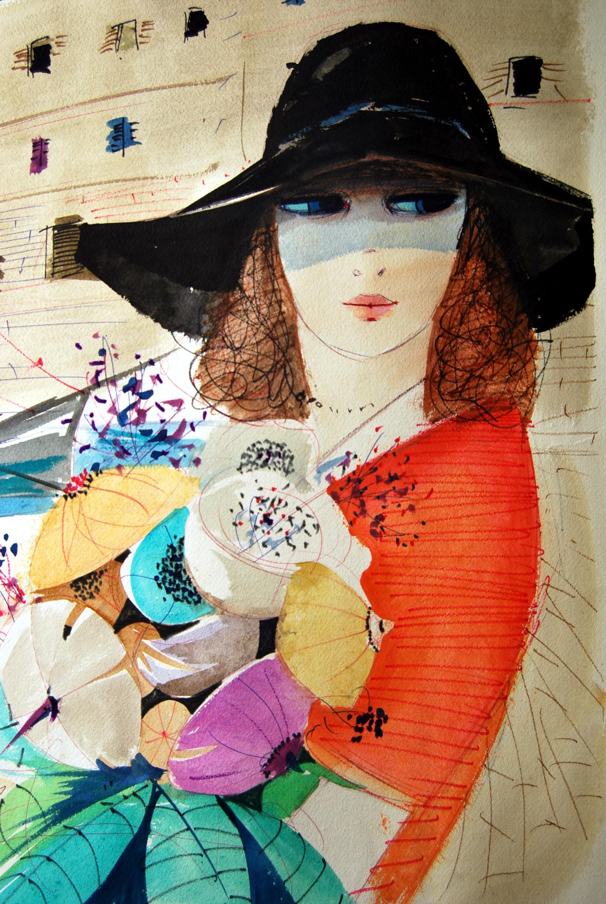 Ink and Watercolor Signed Charles Levier Young Woman in Port In Good Condition For Sale In Argenteuil, IDF