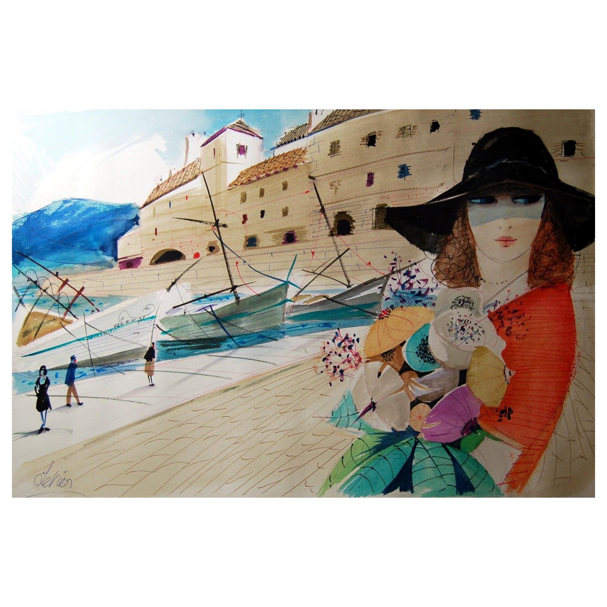 Tinte und Aquarell signiert Charles LEVIER (1920-2003) Junge Frau im Hafen im Angebot