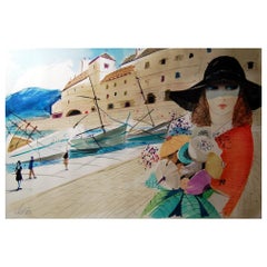 Ink and Watercolor Signed Charles Levier Young Woman in Port