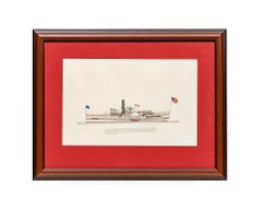 Ink and Watercolor Steam Paddle-Wheeler "Idlewild" Built By The Detroit Dry Dock