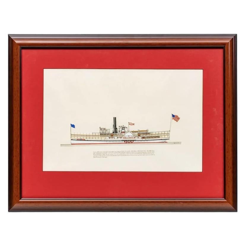 Ink and Watercolor Steam Paddle-Wheeler "Idlewild" Built By The Detroit Dry Dock For Sale