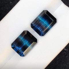 Ink Blue Bicolor Natural Tourmaline Pair 12.95 Carat Emerald Cut Loose Gemstones